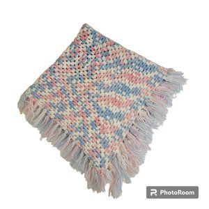 Baby Blanket, Handmade Crochett Afgan Blanket, Pink, Blue and White w/Fringe EUC